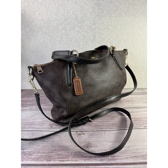 Coach Kelsey Signature Black Canvas Double Handles Zipper Satchel Bag - Picture 13 of 17